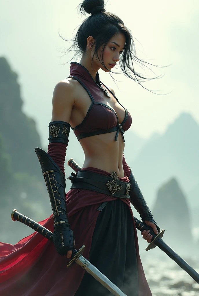 A burmese woman, late 20s, dual wielding Dha swords while dressed in sleek garb.