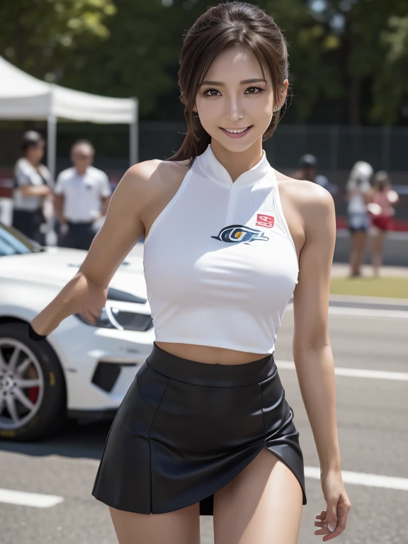 the Extremely Detailed CG Unity 8K Wallpapers, Best Quality, Ultra-detailed, masutepiece, Realistic, photographrealistic, extremely detailed cute girl, 25-years old,
(Wearing a grid girl costume with sponsor's logo printed on it:1.3), (mini skirt ) , (sitting in a motorsport race), ((leg spread)) , ((showing white panties:1.3)), (cleavage), Smile , Half body shot , bob cut