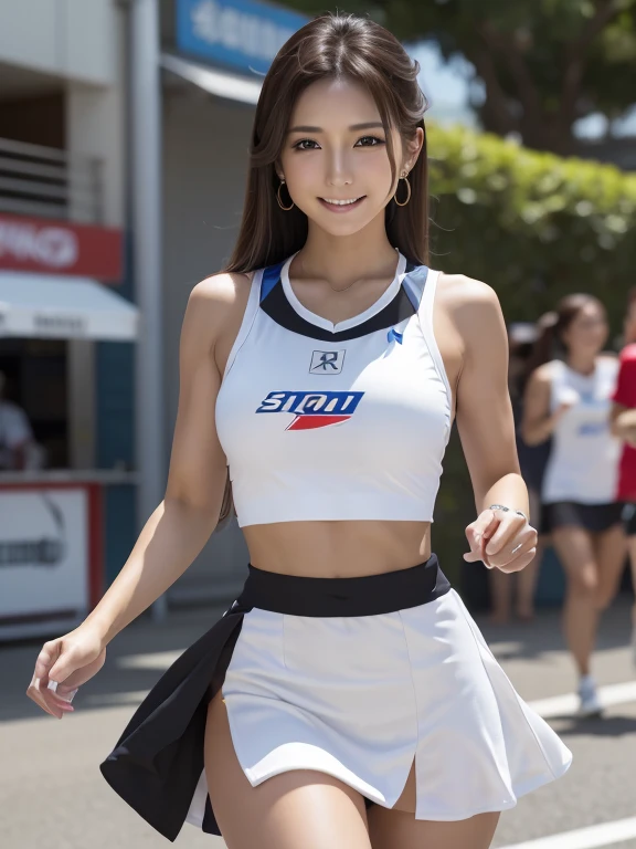 masterpiece, Highest quality, Realistic, Highly detailed CG integrates 8K, 8K,(Very beautiful face, Beautiful Lips, Beautiful Eyes), Exquisitely detailed face,1 Girl, Very beautiful girl,Exquisite eye makeup,Subtle eye detail,The best example of four fingers and one thumb,Toned figure,Nice and beautiful smile,明るいLong Hair,transparent, Quality hair,(masterpiece, Highest quality:1.2),alone,The eyes are exquisite and delicate,Brown Hair、Long Hair、Pink Lips,blue eyes,Big Breasts、Wavy Hair、((Race Queen Cosplay)))、Japanese、25-year-old female