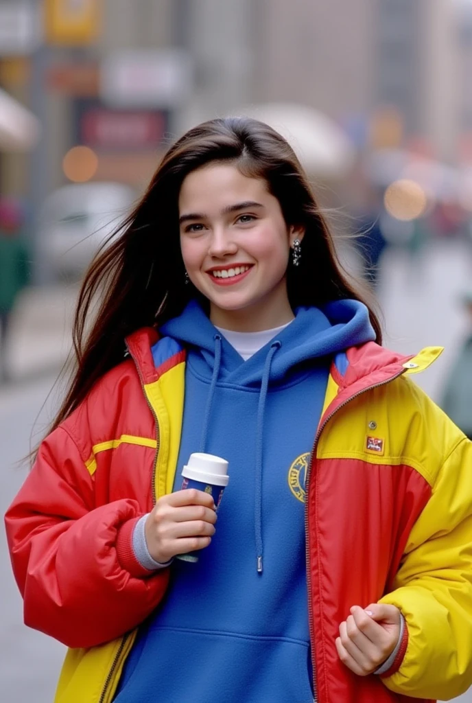 (masterpiece, best quality:1.3), 1girl, Alone, 
she wear in puffy colorful down hoodie.,
young Jennifer Connelly at , 
with cute face yet with precocious female body,
no make up,
her succulent healthy skin bauty emphasized.,
plump cheeks, 
scooped nose arched high with a turned-up tip,
plump blreasts, broad shoulders, 
shiny long dark hair fluttering,
she is making a victory pose.,
she smiling triumphantly.,
under bright natural light illuminating on her face,