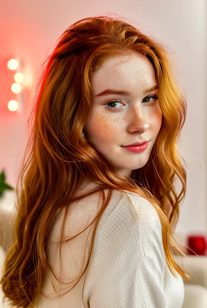 Natural redhead, 19 years old, ultra-realistic, slightly rounded face, innocent expression, long wavy red hair, hazel eyes sparkling with joy, soft freckles on cheeks and nose, rear view, POV, luxury living room with red ambiance light, 