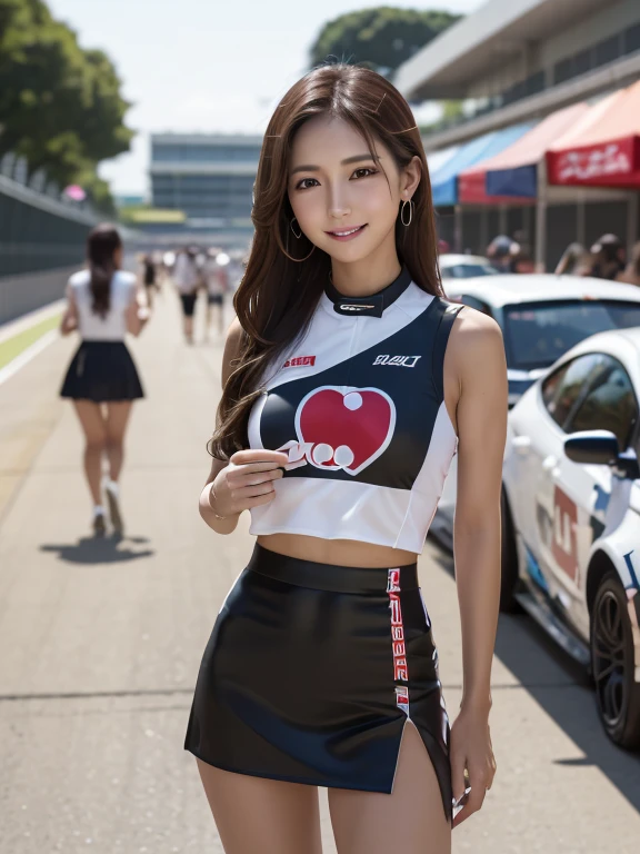 the Extremely Detailed CG Unity 8K Wallpapers, Best Quality, Ultra-detailed, masutepiece, Realistic, photographrealistic, extremely detailed cute girl, 25-years old,
(Wearing a grid girl costume with sponsor's logo printed on it:1.3), (Mini skirt ) , (Stand in a motorsport race), (cleavage), Smile , Half body shot , (Leaning forward)
