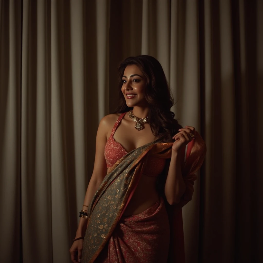 In this breathtaking cinematic photograph, a middle-aged man of 47 attempts to captivate the attention of a young woman possessing a flawlessly proportioned body figure. The woman is adorned in a vibrant red and black traditional saree, complemented by a daring backless blouse. The man, driven by desire, carefully places his hand on her lower back, creating an intimate connection through the soft fabric of her saree. The woman, reveling in this alluring attention bestowed upon her, responds with a seductive smile that effortlessly conveys her enjoyment of this playful encounter. The image expertly captures the intricate details of their interaction, with a shallow depth of field emphasizing their figures against a slightly blurred background. The photograph, created with the highest level