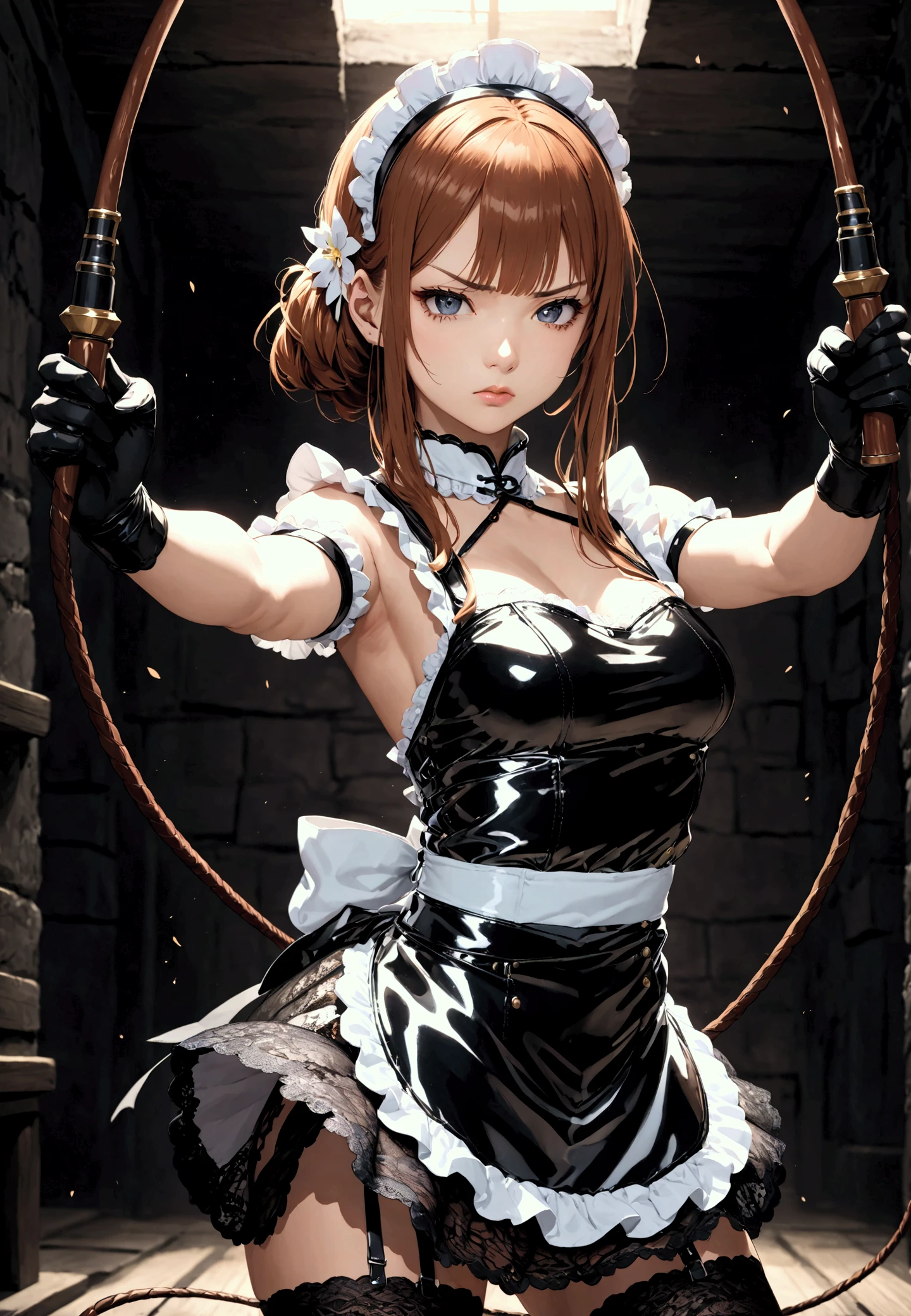 ultra,  The highest quality image ,  artistic masterpiece.  The Japanese-looking girl ,  heavenly beauty , 18+. arrogant, very angry, dissatisfied. copper hair ,  maid headband:1.2.  lace latex dress :1.2,  black lace latex skirt :1.2,  latex stockings :1.2,  black latex gloves:1.2,  ((( latex lace apron :1.2))).  No naked body . Standing in a dark ,  raw dungeon ,holds a weapon not long whip :1.2 , whip ping:1.2, cutting:1.2 ,not long whip:1.2, fighting stance,((( not long whipping:1.2, motion blur:1.2 , path of motion:1.2 ))), arms outstretched:1.2 , doyagao , входящий vertical whip:1.2 , incoming horizontal whip:1.2