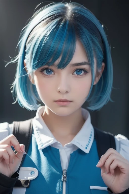 8k,  1 girl, High collar, nice, ( fractal art 1.8),  Puffy Face , Young people,  Blue Hair, I put my hand in the , nice, dynamic,  Visual impact ,  pocket , (  Wave Hand Pocket 1.5)