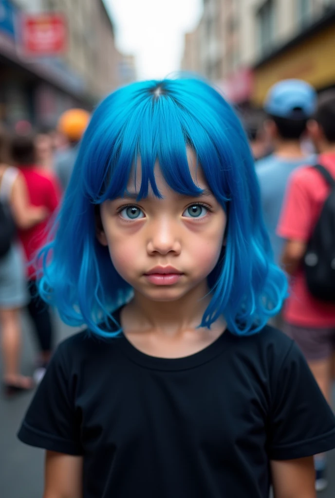 Beautiful white girl 8 year old child, with straight light blue hair long to the waist, com grandes olhos azuis bem juntos horizontalmente ao nariz,fofa,com bochechas rosadas, com jaqueta preta com simbolo do bitcoin dourado,blusa preta,de batom vermelho,lente 55 mm abertura f/1.5,with blurred background of an urban city at night full of illuminated buildings, and poles with blue and red lighting