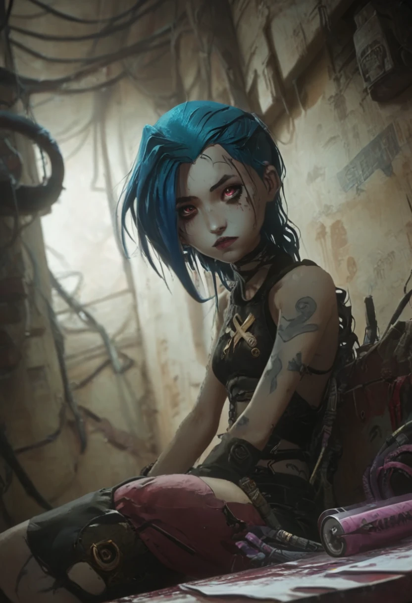 Jinx from Arkane sits in an old room in a dystopian city