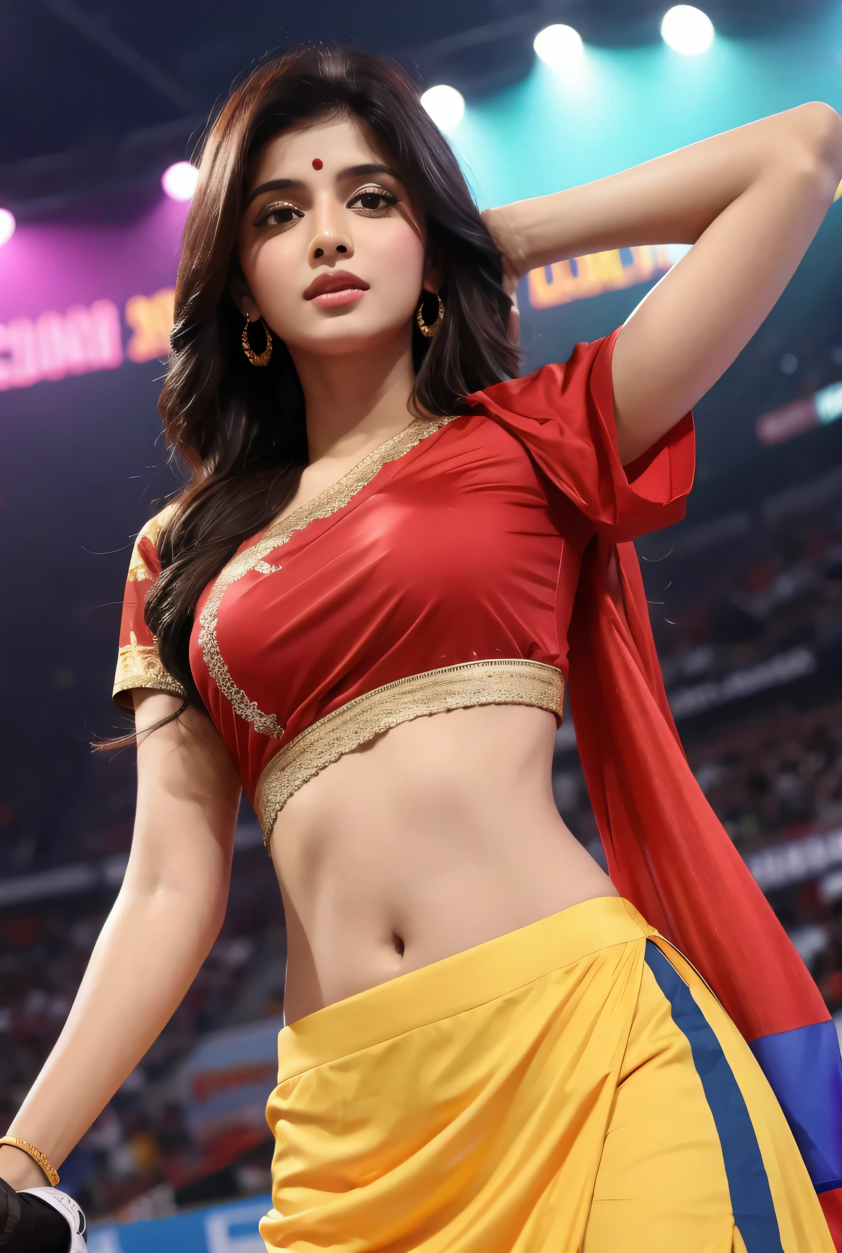 Ye AI images background ke sath metch nahi ho pa rahi hai. Images ko High quality me banao taki background ke sath match ho jay or shari puri red colour ki honi chahiye or golden blouse.