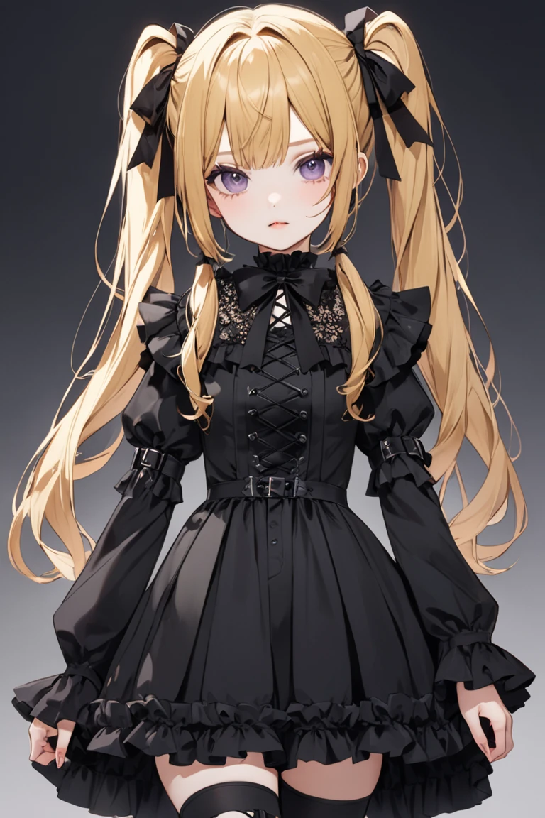 Blonde　 Twin Tails　 black ribbon　gothic costume with ruffles