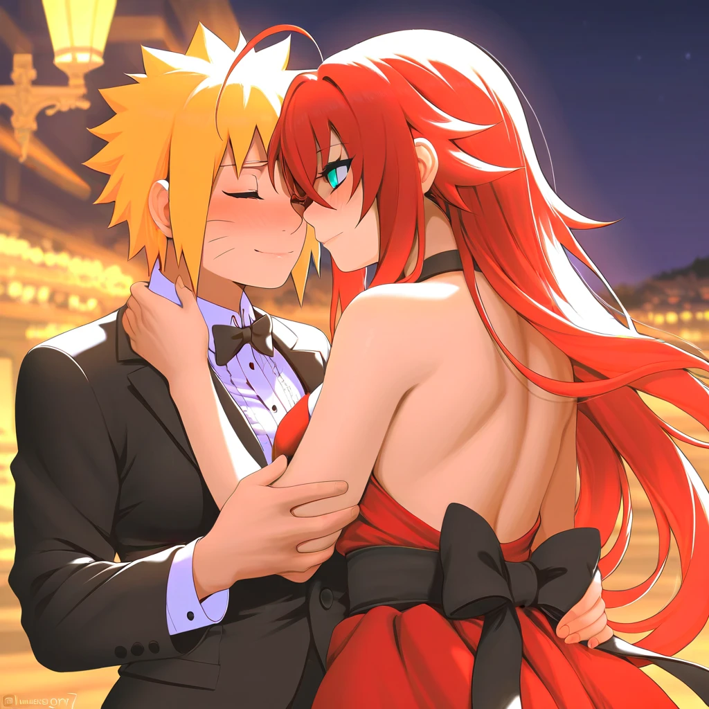  high resolution image,  masterpiece,  Better Quality ,  amazing quality ,  Naruto Uzumaki ,  Rias Gremory  , elegant ceremony  ,  Naruto wearing an elegant suit  , Rias wearing an elegant red dress , couple , love , romance ,  at night