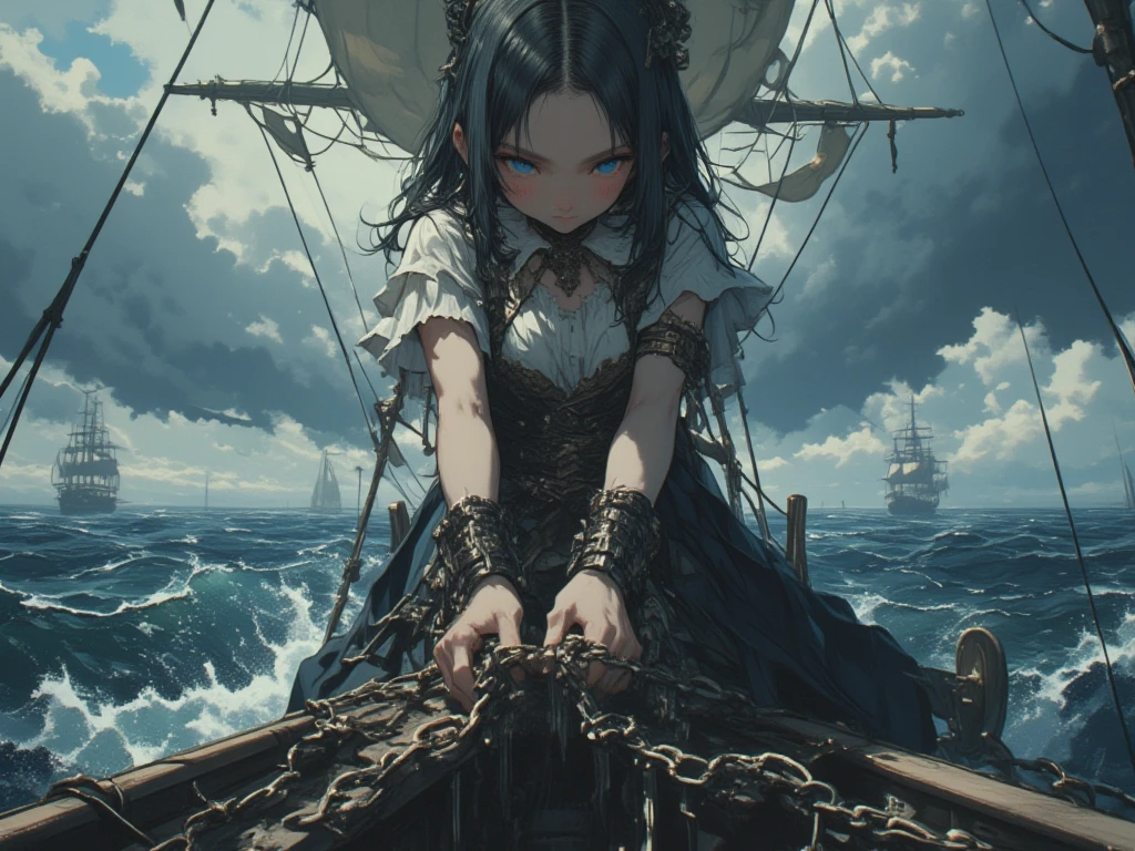 best quality HDR 4k, 8k, 1girl, (skindentation), (huge figure:1.2), (bright background:0.6), on  island; (create miniature people of cyborgs surrounding her); (casual yet stylish, elegant cloth, l dress with different rainbow colors:1.5 ), gorgeous, (long golden hair part of it flying in hair:1.5), cinematic lighting, wind, stormy, huge ship wreck with skeleton inside seen  (front light:1.5), surprised happy smiling, 