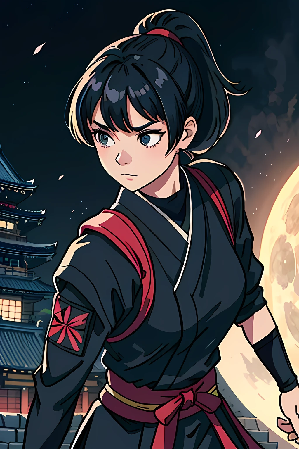 best quality, masterpiece, ((extremely detailed)), 1girl, black ponytail hair with bangs, medium breast, kunoichi, female ninja, japanese castle, supermoon