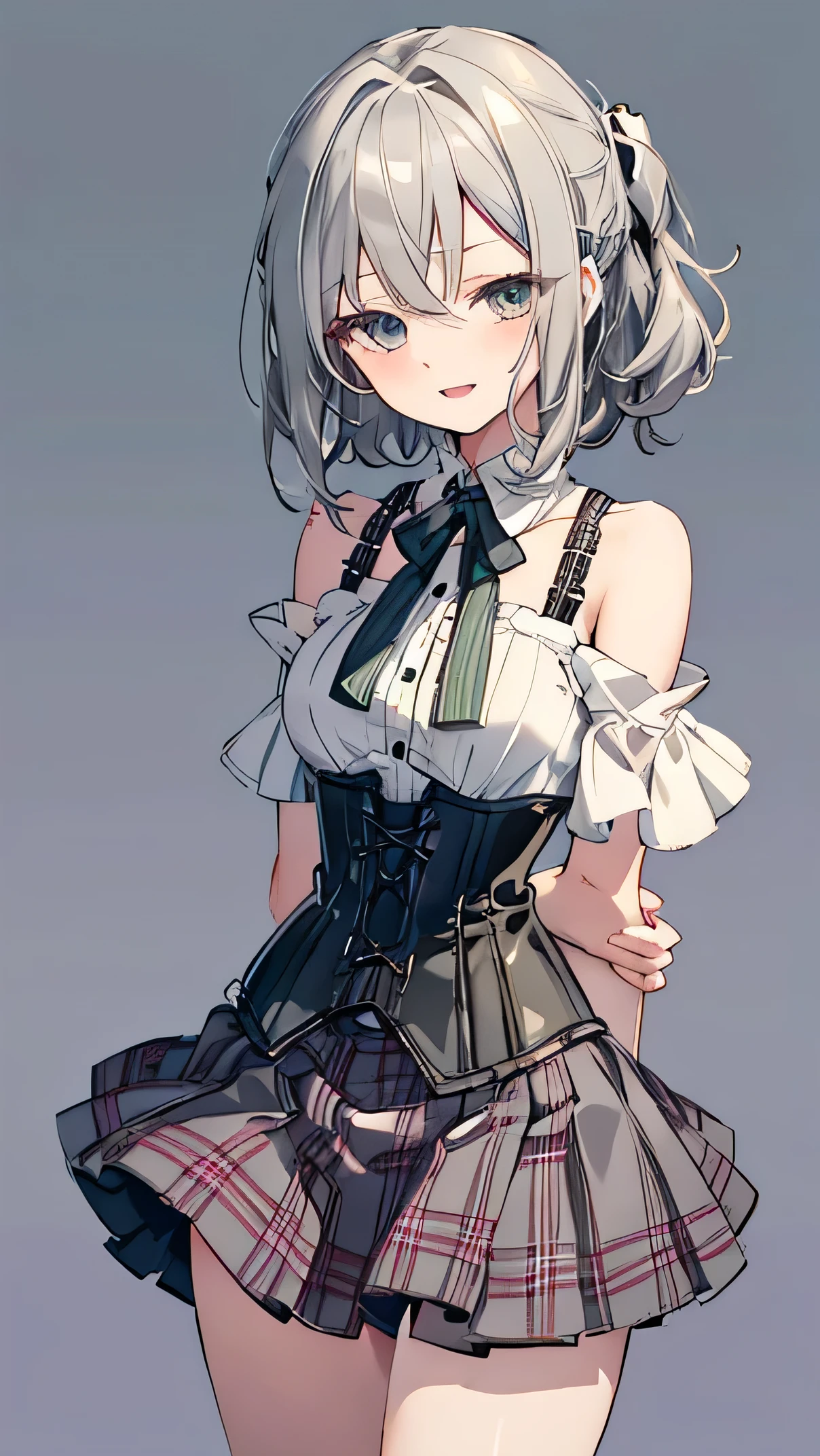(  Best Quality),[  masterpiece], Corset ,plaid skirt, long hair，Short Ponytail， dark green eyes， hair between eyes，broom bangs ，，Small chest，Bare shoulders, light gray hair ， happy ，  Smile，  open your mouth， Anime Girl， behind the hands ，
 1 Girl ， black hair clip ，Short Ponytail，skirt，grace，Small