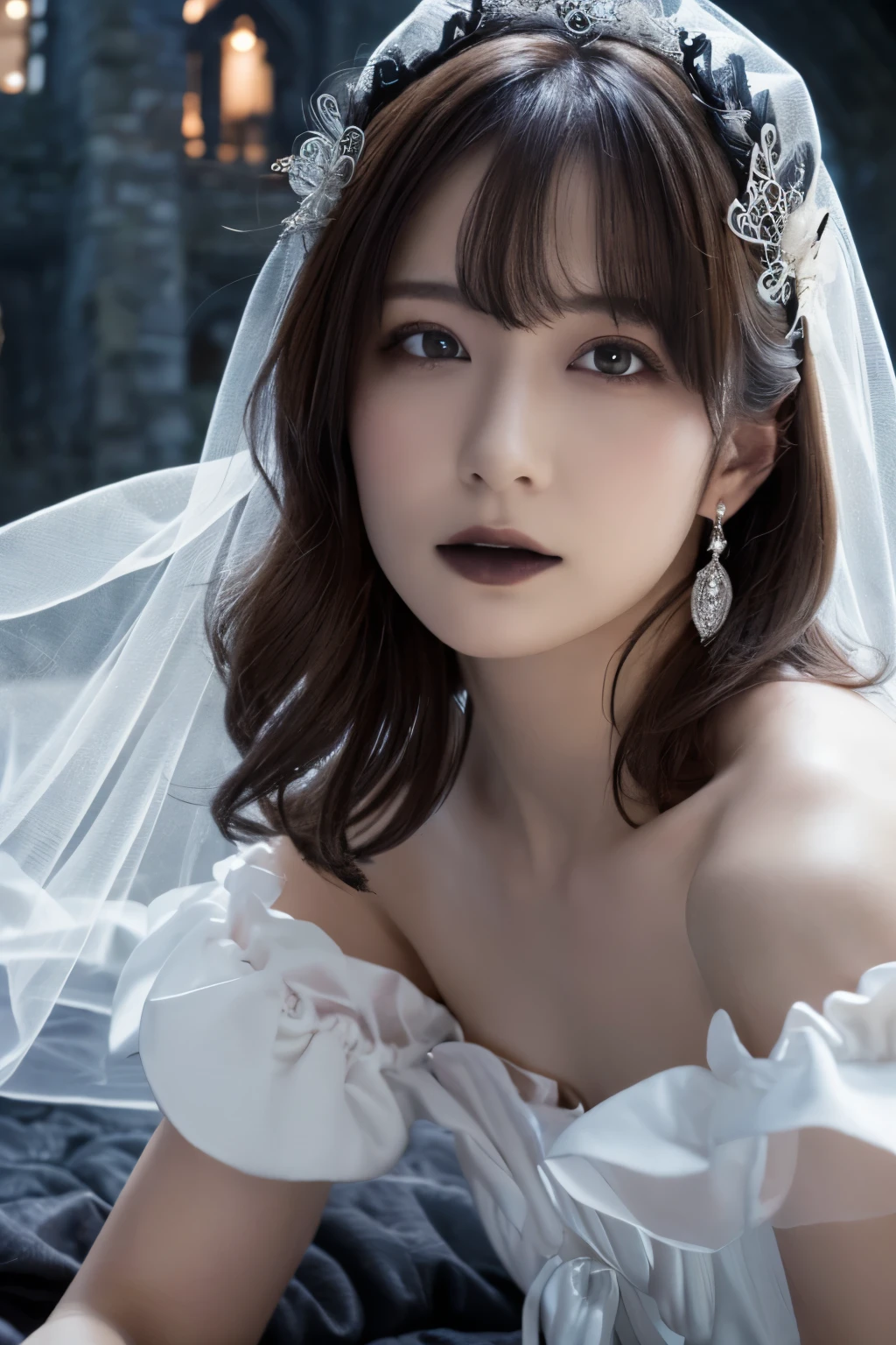 1 girl, ( wearing a gothic wedding dress :1.2), (Veil), A very beautiful portrait of a Japanese singer, ( Lying Down ),
( RAW photos, best quality ), ( realistic, realistic:1.4), (masterpiece),
so delicate and beautiful, VERY DETAILED, 2k wallpaper, amazing, finely, VERY DETAILED CG Unity 8K wallpaper, VERY DETAILED, High Resolution , Soft light,
girl with beautiful details wearing a navy blue blouse, VERY DETAILED目と顔, beautiful and sophisticated nose , beautiful beautiful eyes under the sun, movie lighting,
( Scottish castles:1.3), ( overcast, monotone dark screen standing in an old Scottish castle :1.3), (Thick Fog),
(Short hair), Perfect Anatomy, slender body, ( small breasts), whole body