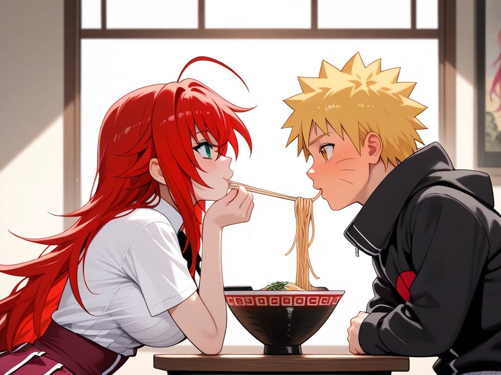  high resolution image,  masterpiece,  Better Quality ,  amazing quality ,  Naruto Uzumaki ,  Rias Gremory  , couple, love , romance ,  Rias Gremory wearing the high school uniform dxd , Naruto y Rias eating ramen juntos , bowls of ramen  , eating ramen ,