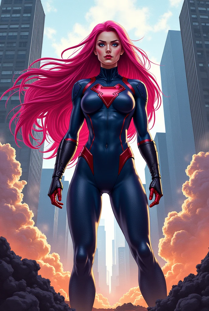 Make an anime-style female superhero in a reg and blue leotard, with bare legs, matching boots and gloves, and her hands on her hip. Her body emits a bright red aura.