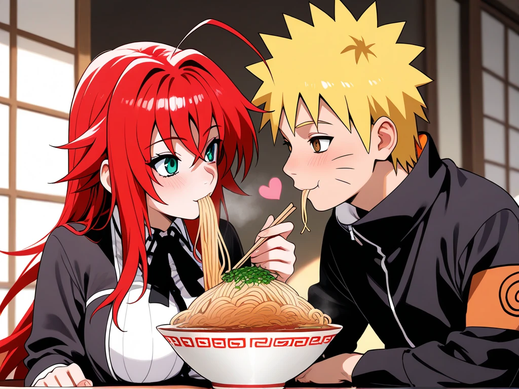  high resolution image,  masterpiece,  Better Quality ,  amazing quality ,  Naruto Uzumaki ,  Rias Gremory  , couple, love , romance ,  Rias Gremory wearing the high school uniform dxd , Naruto y Rias eating ramen juntos , bowls of ramen  , eating ramen ,