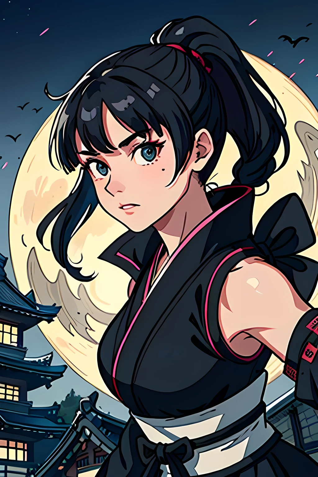 best quality, masterpiece, ((extremely detailed)), 1girl, black ponytail hair with bangs, medium breast, kunoichi, female ninja, japanese castle, supermoon