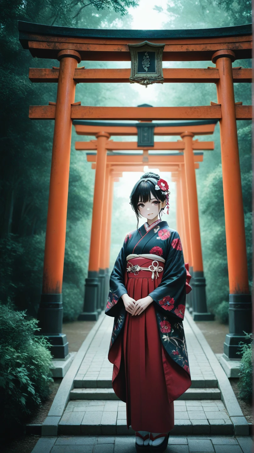 Create a serene and mystical illustration of a fox dressed in a traditional kimono standing gracefully in front of a Shinto shrine's torii gate. The fox is looking directly at the viewer with an enigmatic expression. The background features the vibrant colors of the shrine, with the torii gate prominently displayed, surrounded by lush nature. The atmosphere is peaceful and magical, capturing the essence of Japanese folklore.