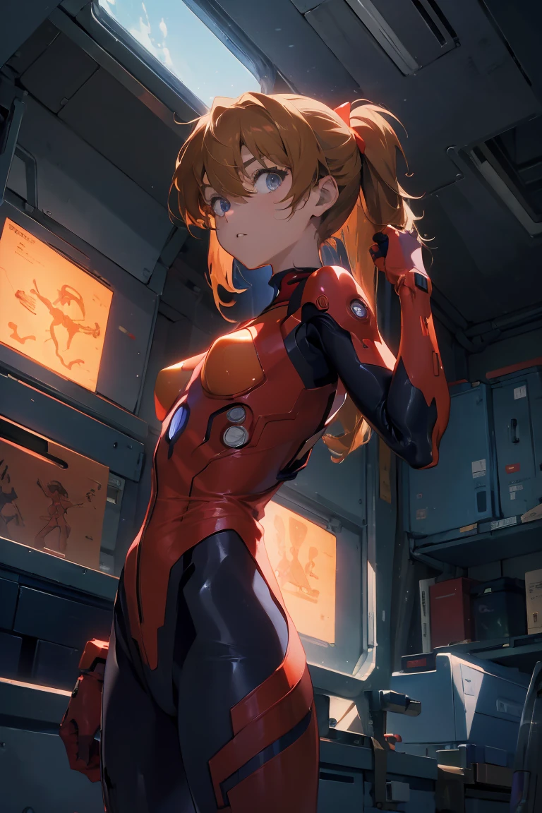 highest quality、All limbs、full finger、1 girl、((one beautiful woman、solo))、silver haired woman、Shoulder-length medium hair、straight hair、big breasted woman、big smile、naughty pose、(((red full body evangelion plug suit:1.2)))、sexy pose、hands on hips
