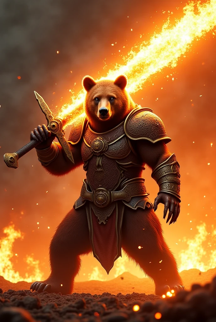 Angry ninja cyborg bear in flames holding bottle of beer cartoon