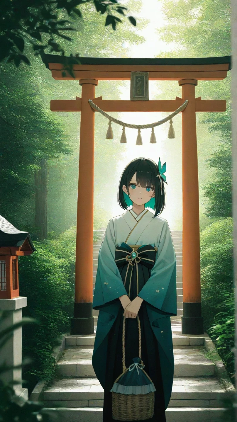 "Create a serene and mystical illustration of a fox dressed in a traditional kimono standing gracefully in front of a Shinto shrine's torii gate. The fox is looking directly at the viewer with an enigmatic expression. The background features the vibrant colors of the shrine, with the torii gate prominently displayed, surrounded by lush nature. The atmosphere is peaceful and magical, capturing the essence of Japanese folklore.