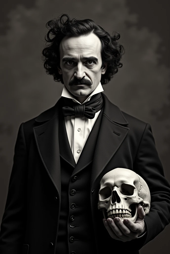 Edgar Allan Poe posing for a photo next to a skull, realistic photograph Solo , High resolution, Precise, masterpiece, Awarded many times, Anatomically correct, the best quality ,Detail, Details altos,