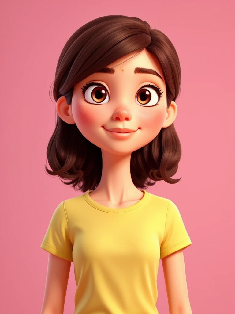 3D cartoon, woman, upper body, medoum hair, wearing a tshirt, 3d cartoon render, UHD, plain background.