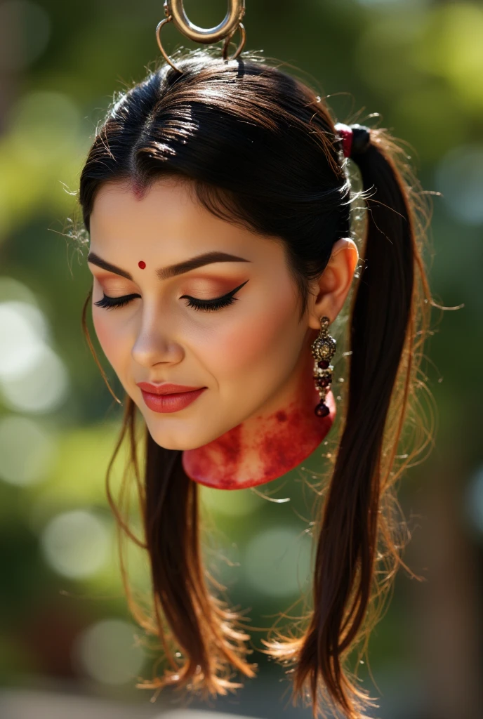 A bloody decapitated severed head of a Chubby actress, hanging delicately on a hook. Just Blood mark around edges of the neck. The actress’s features are serene and graceful, with soft golden-brown skin. Her eyes are closed in peaceful repose, and her dark pink lips are slightly parted, giving her a calm, serene expression. Her long, dark hair is styled in an intricate pony tail, adorned with traditional bridal jewelry. Her makeup is natural, with rich colors highlighting her lips, and a small red bindi on her forehead. The head is suspended by a hook, that gives a surreal, unsettling contrast to her otherwise peaceful expression. The background is full with natural Light, with soft shadows, emphasizing the lifelike details of the skin, hair, and jewelry. The image should evoke both beauty and a haunting surrealism, capturing the bride's grace and the eerie nature of the disembodiment in a highly detailed and realistic manner.