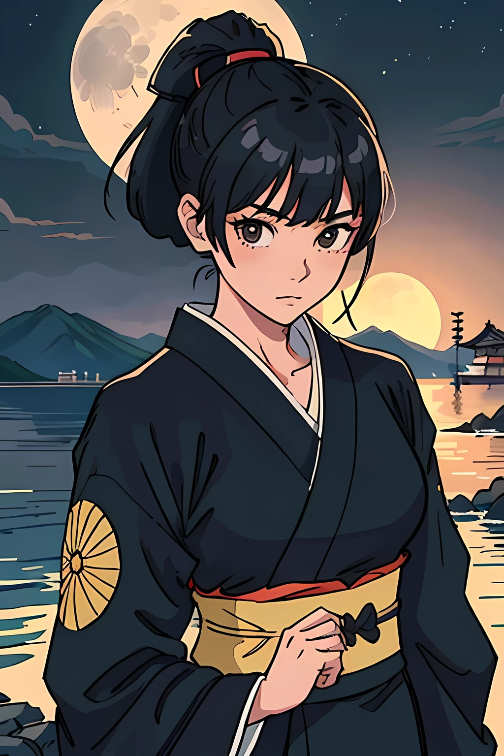 best quality, masterpiece, (extremely detailed:1.6), 1girl, black ponytail hair with bangs, medium breast, kunoichi, female ninja, kimono lift, fundoshi, japanese castle, supermoon