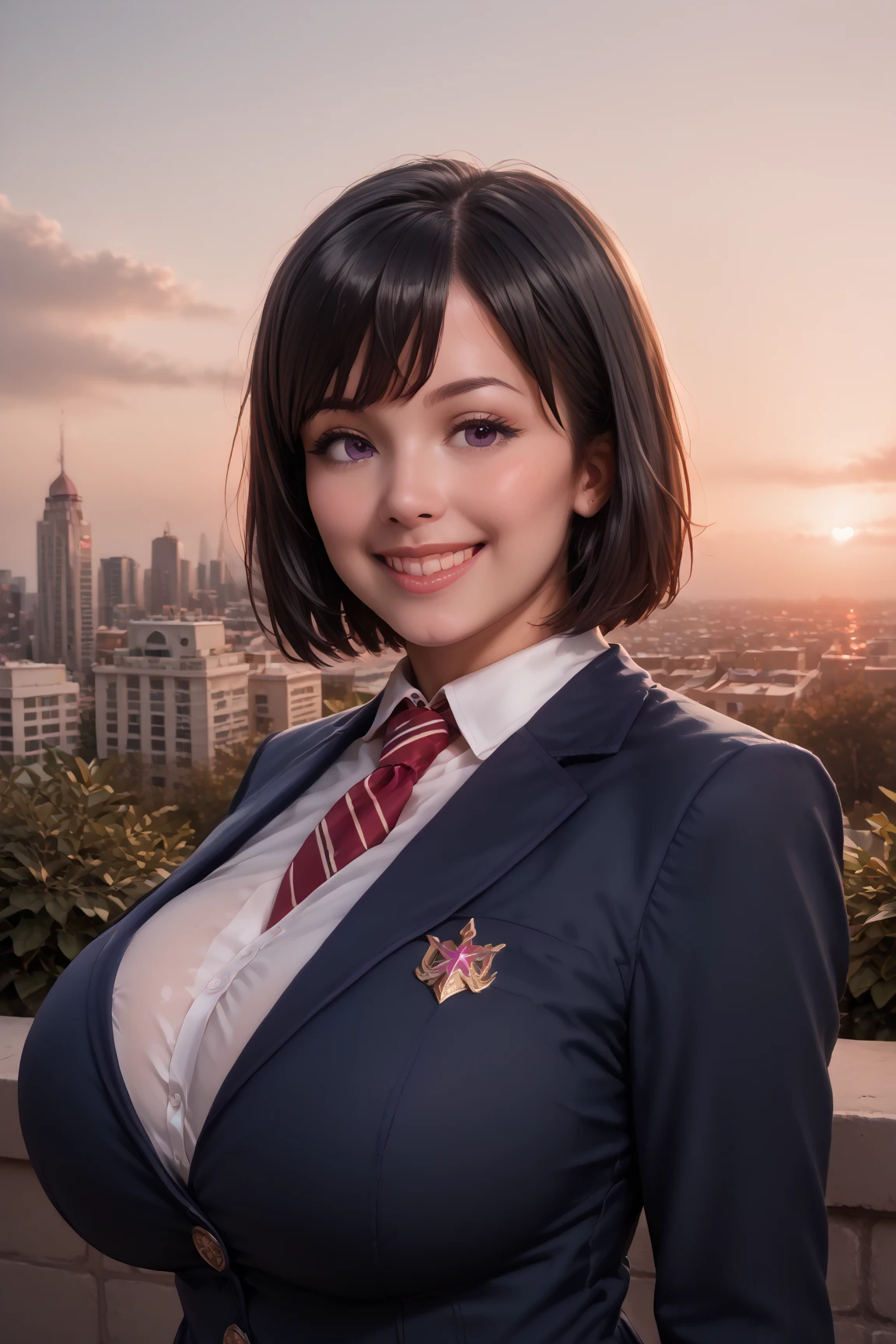 ( best quality ,8K quality,​masterpiece:1.3),( super A high resolution, photorealistic :1.4, Original photo),( super detailed , caustics , detailed background),( super realistic capture , beautiful detailed skin ,Perfect human body),In the sunset,Twilight Sky,School building,Schoolyard,18 years old,Cute, single eyelid,  black haired short bob  ,  school blazer uniform, Looking at the Camera ,smile, Bust Up Shot , natural soft light ,Big Breasts,