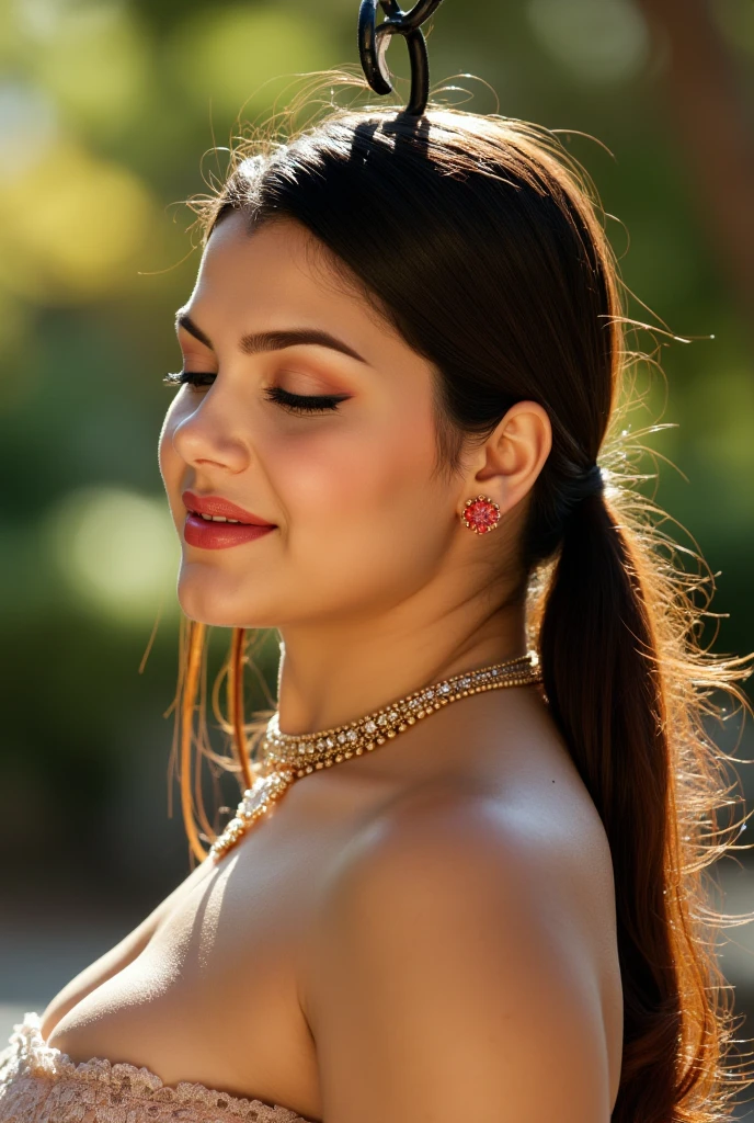 A bloody decapitated severed head of a Chubby actress, hanging delicately on a hook. Just Blood mark around edges of the neck. The actress’s features are serene and graceful, with soft golden-brown skin. Her eyes are closed in peaceful repose, and her dark pink lips are slightly parted, giving her a calm, serene expression. Her long, dark hair is styled in an intricate pony tail, adorned with traditional bridal jewelry. Her makeup is natural, with rich colors highlighting her lips, and a small red bindi on her forehead. The head is suspended by a hook, that gives a surreal, unsettling contrast to her otherwise peaceful expression. The background is full with natural Light, with soft shadows, emphasizing the lifelike details of the skin, hair, and jewelry. The image should evoke both beauty and a haunting surrealism, capturing the bride's grace and the eerie nature of the disembodiment in a highly detailed and realistic manner.