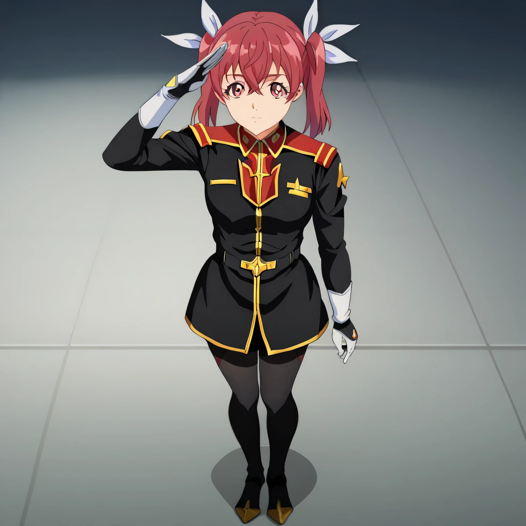 ultra-High resolution, score_9,score_8_up,score_7_up,score_6_up,score_5_up,score_4_up, BREAK, source_anime, anime screencap, uncensored, rating_explicit, Masterpiece, curvy, looking at viewer, salute, saluting, military saluting, (((solo, 1girl))), hair ornament, (((TitanOutfit))), full body, expressionless, emotionless, ZetaGBTT, kana sakuragi, twin tails, red hair, hair between eyes, hair ribbon, red eyes