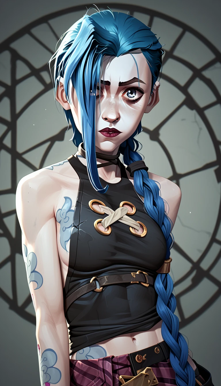 snucleus_9,snucleus_8_up,nucleus_7_up,Jinx, arcanic style,1girls ,  blue hair, бра visible through clothes, breast,  cleavage  ,  clothes ,  woman ,  woman  only, improve,  long hair,  looks at the viewer , One, One  woman , Jinx из Аркейна сидит в старой комнате в городе-дистопии,  detailed background,  ruined room, dark composition,