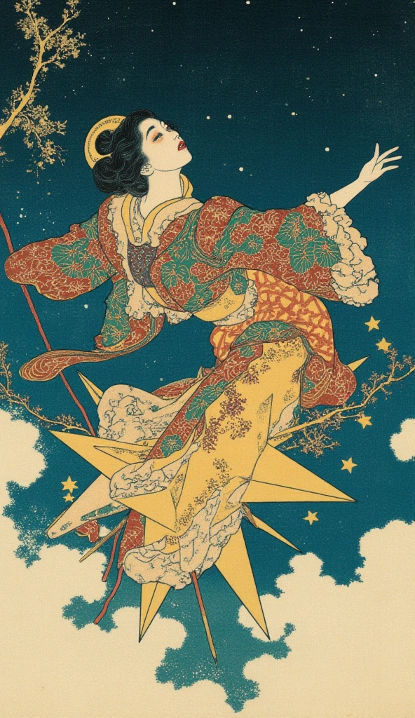  Ukiyo-e ,  kabuki,  kabuki座, Princess Kaguya, Female actor who flies through the sky on a star-shaped vehicle