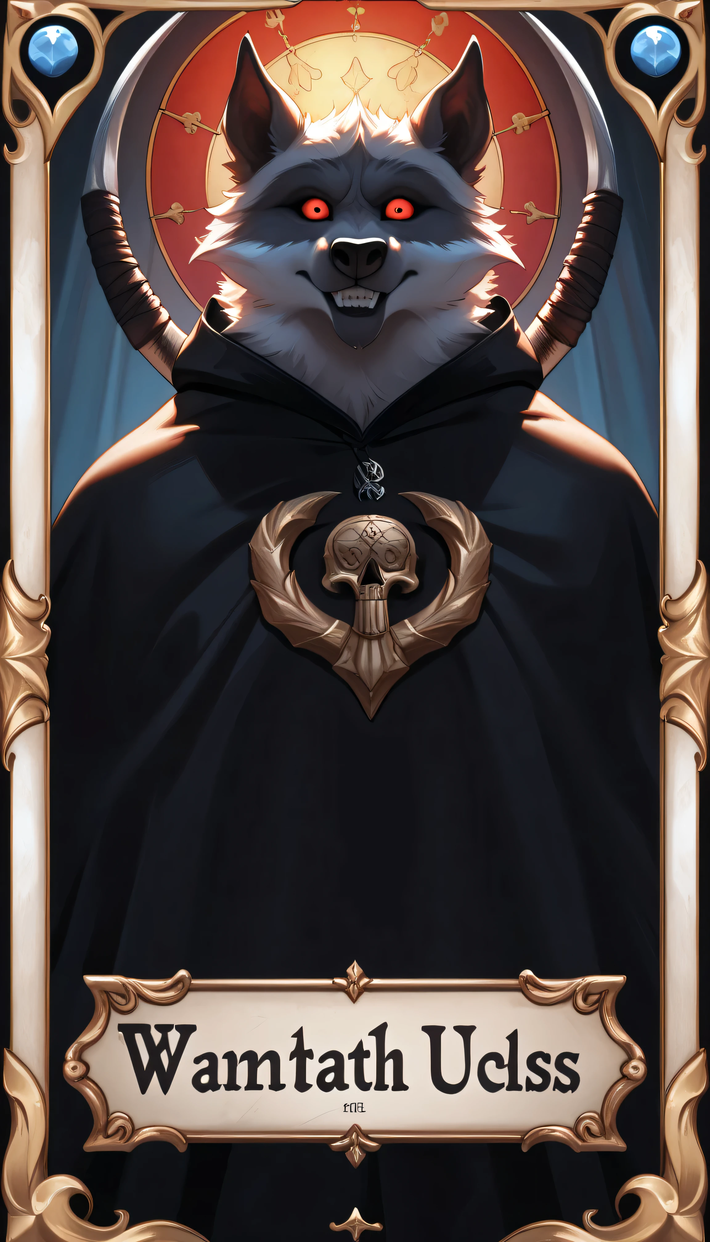 tarot card, majestis furry (muscular furry, Death (Puss in Boots)), detailed red eyes, detailed fur, opened eyes, wearing a black cloak, having a pair of sickles, standing with death symbole, an anthro, anthropomorphic, death sign, tarot card background, mistic, closed up shot