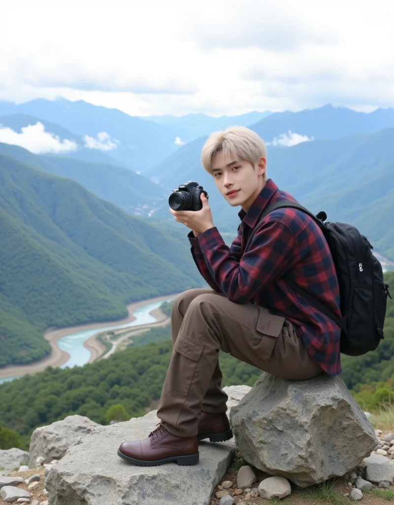 Stunning handsome Korean man, smooth white skin, well-groomed face, short and neat blonde slicked back hair, flannel shirt, brown cargo pants with lots of pockets, backpack, brown mountain boots, smiling pose, looking at the camera, sitting on a rock at the top of the mountain very high. While carrying a camera, the background can be seen from the top of the mountain, a stretch of lush and green mountains, beautiful clouds and sky. A river with clear water. Rocks are seen scattered in a clear river, Realistic original photo, .