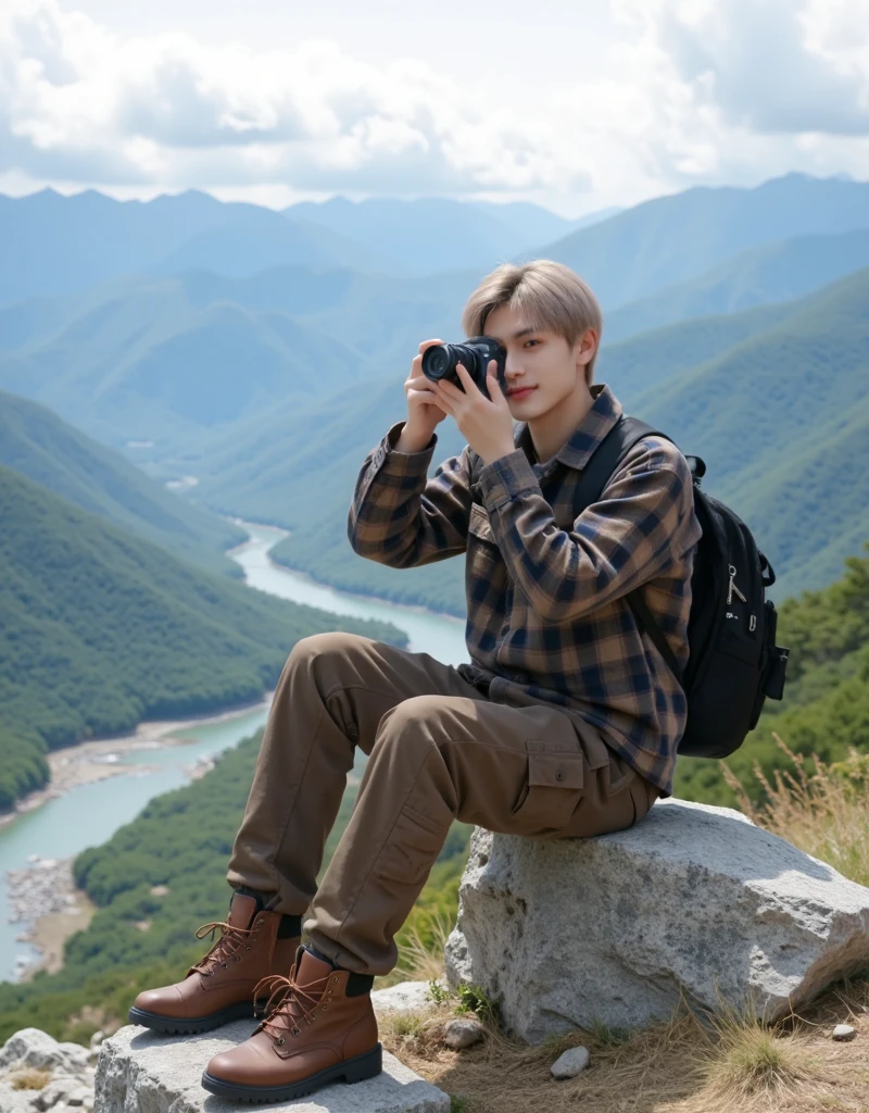 Stunning handsome Korean man, smooth white skin, well-groomed face, short and neat blonde slicked back hair, flannel shirt, brown cargo pants with lots of pockets, backpack, brown mountain boots, smiling pose, looking at the camera, sitting on a rock at the top of the mountain very high. While carrying a camera, the background can be seen from the top of the mountain, a stretch of lush and green mountains, beautiful clouds and sky. A river with clear water. Rocks are seen scattered in a clear river, Realistic original photo, .