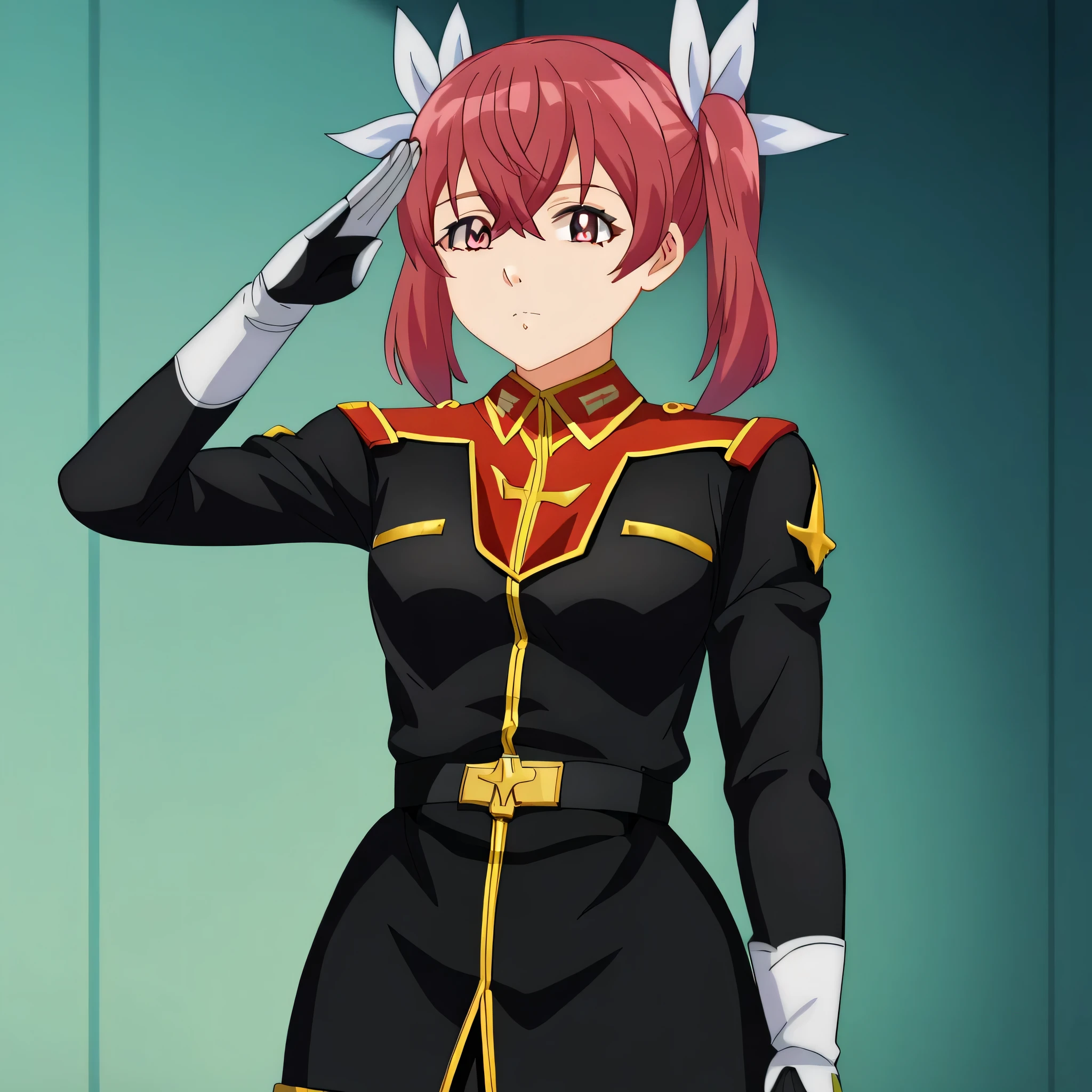 ultra-High resolution, score_9,score_8_up,score_7_up,score_6_up,score_5_up,score_4_up, BREAK, source_anime, anime screencap, uncensored, rating_explicit, Masterpiece, curvy, looking at viewer, salute, saluting, military saluting, (((solo, 1girl))), hair ornament, (((TitanOutfit))), full body, expressionless, emotionless, ZetaGBTT, kana sakuragi, twin tails, red hair, hair between eyes, hair ribbon, red eyes