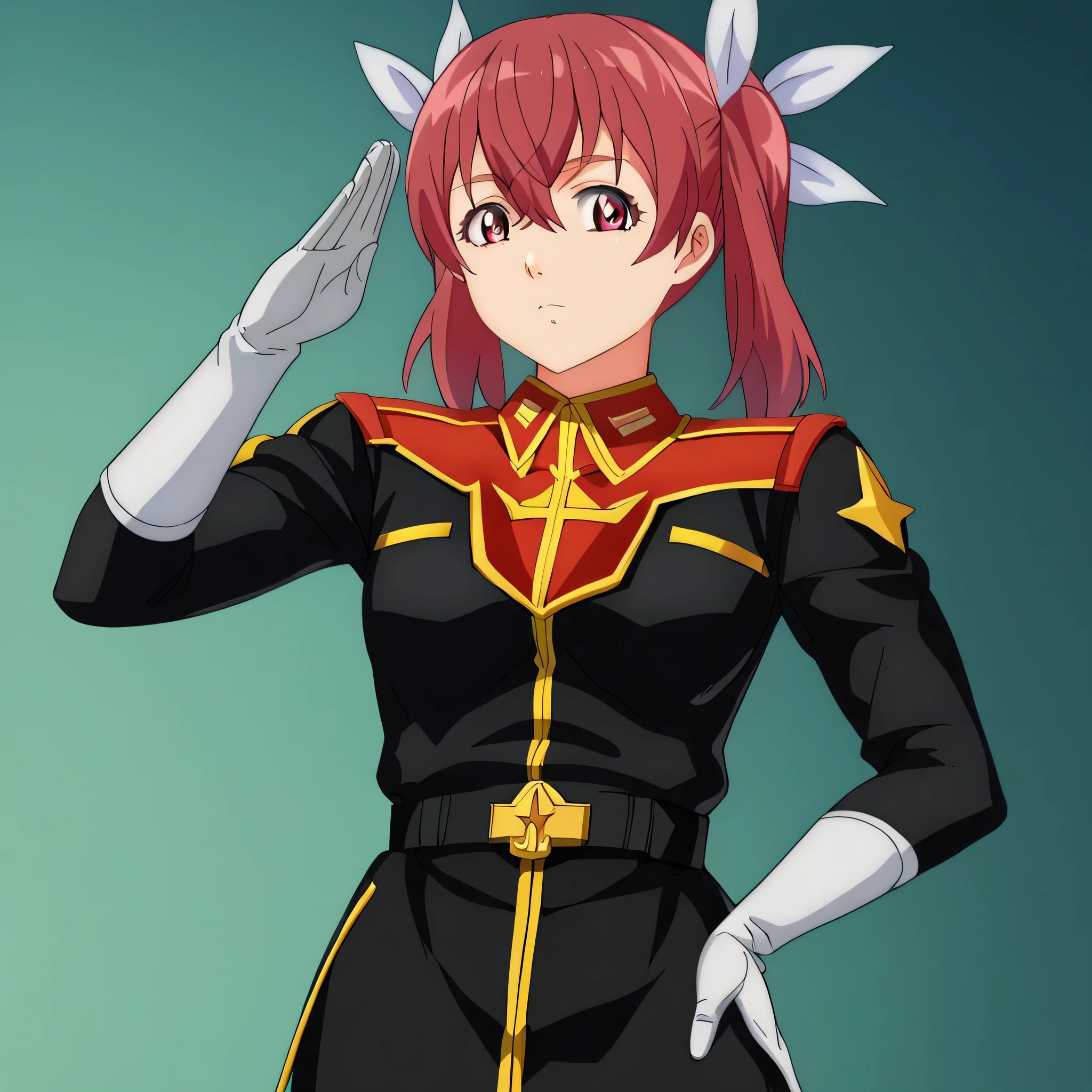 ultra-High resolution, score_9,score_8_up,score_7_up,score_6_up,score_5_up,score_4_up, BREAK, source_anime, anime screencap, uncensored, rating_explicit, Masterpiece, curvy, looking at viewer, salute, saluting, military saluting, (((solo, 1girl))), hair ornament, (((TitanOutfit))), full body, expressionless, emotionless, ZetaGBTT, kana sakuragi, twin tails, red hair, hair between eyes, hair ribbon, red eyes