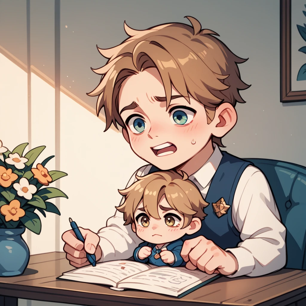 Chibi,  masterpiece,  illustration,  STIKER , tender, Scared brown-haired boy