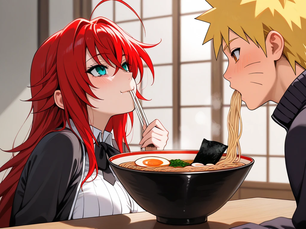  high resolution image,  masterpiece,  Better Quality ,  amazing quality ,  Naruto Uzumaki ,  Rias Gremory  , couple, love , romance ,  Rias Gremory wearing the high school uniform dxd , Naruto y Rias eating ramen juntos , bowls of ramen  , eating ramen 