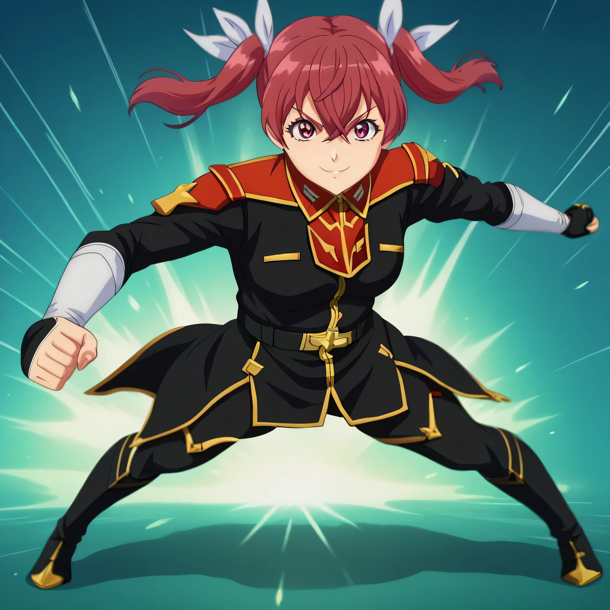 ultra-High resolution, score_9,score_8_up,score_7_up,score_6_up,score_5_up,score_4_up, BREAK, source_anime, anime screencap, uncensored, rating_explicit, Masterpiece, curvy, looking at viewer, Fighting Stance, (((solo, 1girl))), hair ornament, (((TitanOutfit))), full body, gentle smile, ZetaGBTT, kana sakuragi, twin tails, red hair, hair between eyes, hair ribbon, red eyes