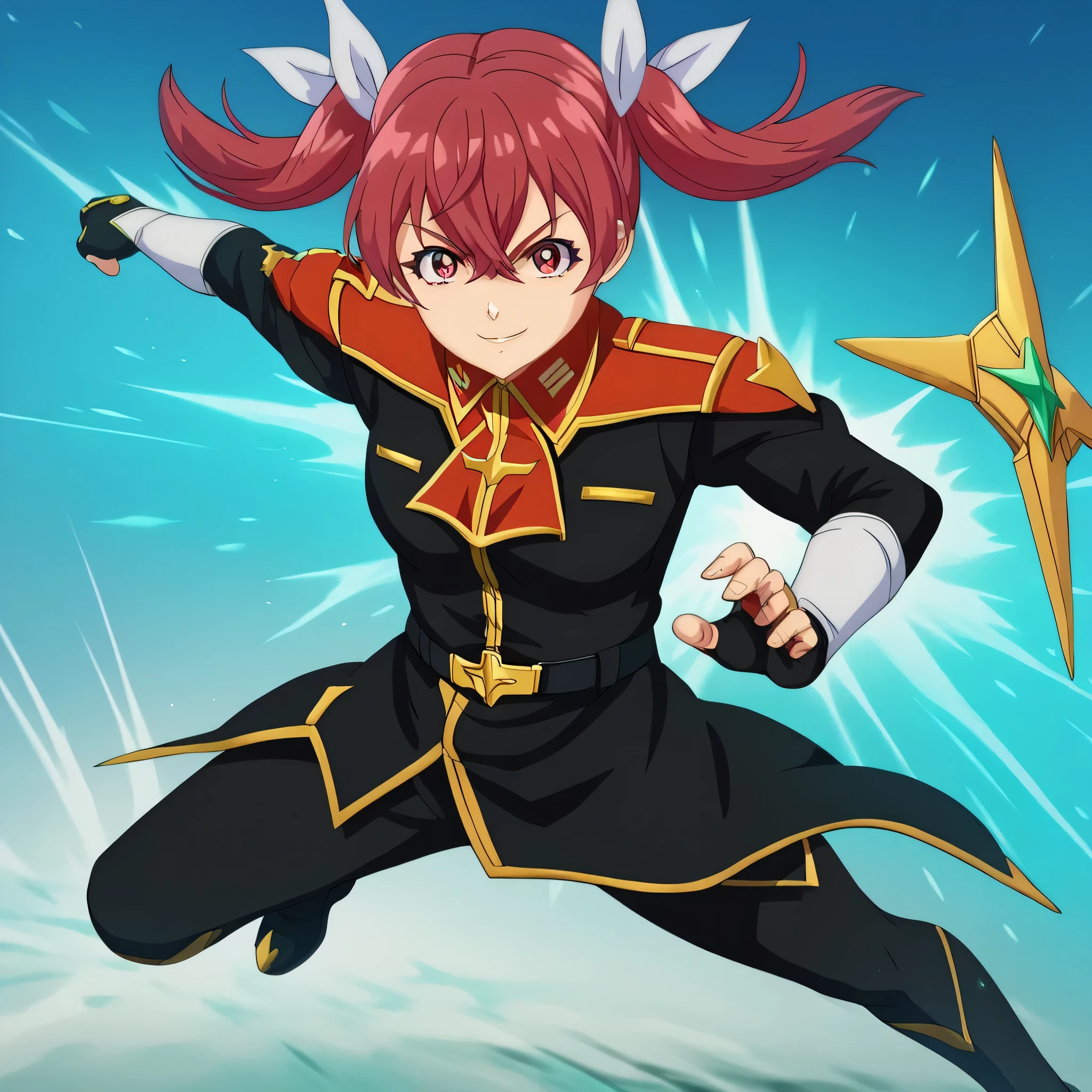 ultra-High resolution, score_9,score_8_up,score_7_up,score_6_up,score_5_up,score_4_up, BREAK, source_anime, anime screencap, uncensored, rating_explicit, Masterpiece, curvy, looking at viewer, Fighting Stance, (((solo, 1girl))), hair ornament, (((TitanOutfit))), full body, gentle smile, ZetaGBTT, kana sakuragi, twin tails, red hair, hair between eyes, hair ribbon, red eyes