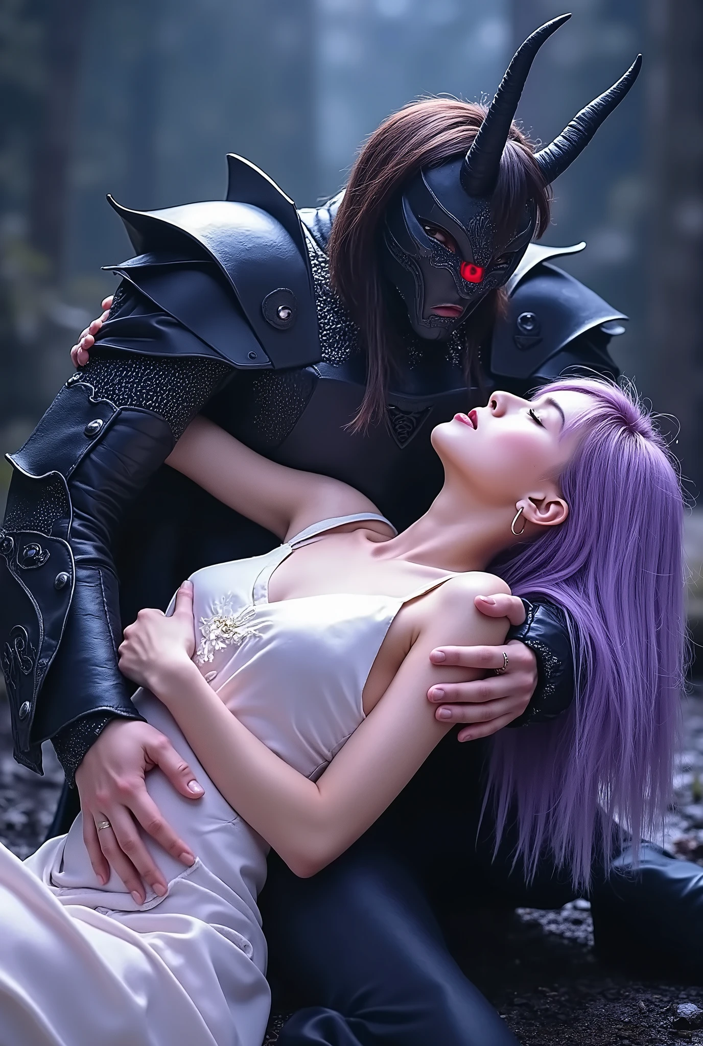 top quality、nsfw、Bondage、A slightly realistic comic-like Japanese woman 、torture、 erotic 、penalty、 slave、limit、bondage、Sacrifice、Beautiful woman with long light purple hair 1 :5( messy hair、 lying on the devil's arms1:5)、(Beautiful nudes、 beautiful girl 、 small breasts)、Fainted Woman( close eyes、Hang your head back、Limp and hang your arms )、 captured by a devil wearing luxurious black armor(Sharp red eyes、 big two horns、big、 hugging a lying woman with both arms 、 Princess Carrie)、 Black horrible monsters surround her、Black Sun、 darkness、 Different Worlds 、 dungeon、dark fantasy、Pitch Black Hell