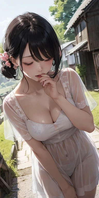(masterpiece:1.2, Highest quality), (Realistic, photoRealistic:1.4), Ultimate beauty、mature、(Beautiful Features、Detailed lips, Beautiful eyes with attention to detail)、(Beautiful Teeth), blush, Captivating Gaze、masterpiece,(Highest quality,Hyper Detail)、 Natural Makeup,Looking at the camera、Looking up、alone,Cute woman in her 20edium breast、Short Bob Hair、(Bangs too)、Mysterious Beauty, Perching on the clouds, (Fantasy Illustration:1.3), Captivating Gaze, Seductive posture, The charm of another world, Mystical Sky, (Written by Luis Royo:1.2), (Yoshitaka Amano:1.1), ((moon 夜)), pastel colour, (Cloud Detail View:1.3), Outdoor、palace、 (Detailed catsuit、Gingham check pleated mini skirt、Lace frilly panties、Black Choker、Earrings、(topless:1.6)), Side Lock, (Midnight background, full moon、Fantasy、cherry blossoms、petal)、(ejaculation、Semen is on it:1.6)、(Bust up shot:1.6)、(Shot from above)、(I'm worried、Open your mouth:1.2)、(Wave your hand:1.3)
