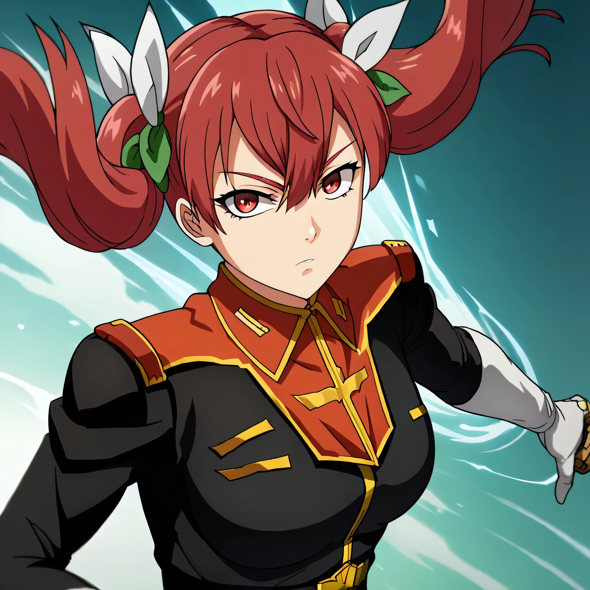 ultra-High resolution, score_9,score_8_up,score_7_up,score_6_up,score_5_up,score_4_up, BREAK, source_anime, anime screencap, uncensored, rating_explicit, Masterpiece, curvy, dark persona, looking at viewer, Fighting Stance, (((solo, 1girl))), hair ornament, (((TitanOutfit))), looking at viewer, expressionless, ZetaGBTT, kana sakuragi, twin tails, red hair, hair between eyes, hair ribbon, red eyes