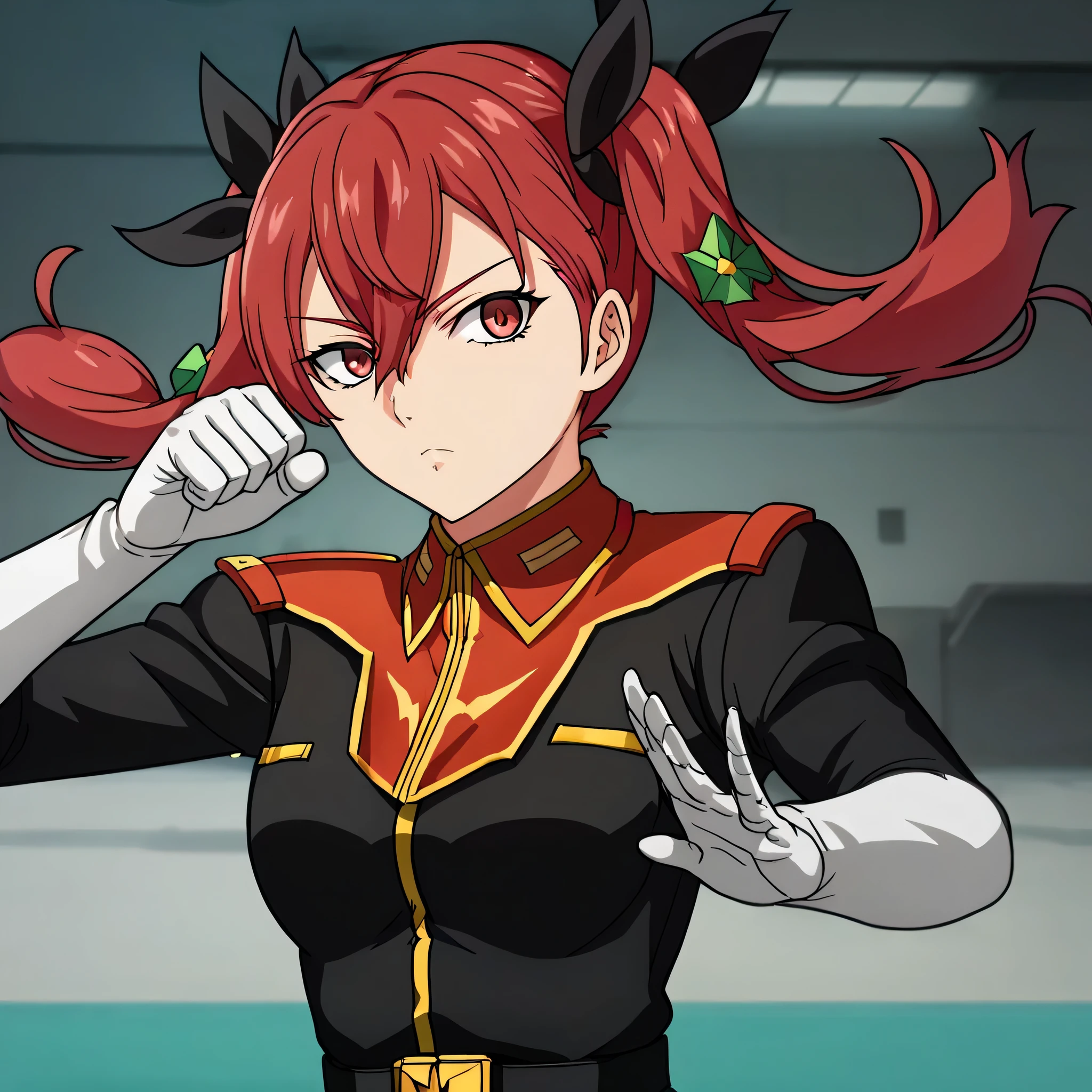 ultra-High resolution, score_9,score_8_up,score_7_up,score_6_up,score_5_up,score_4_up, BREAK, source_anime, anime screencap, uncensored, rating_explicit, Masterpiece, curvy, dark persona, looking at viewer, Fighting Stance, (((solo, 1girl))), hair ornament, (((TitanOutfit))), looking at viewer, expressionless, ZetaGBTT, kana sakuragi, twin tails, red hair, hair between eyes, hair ribbon, red eyes