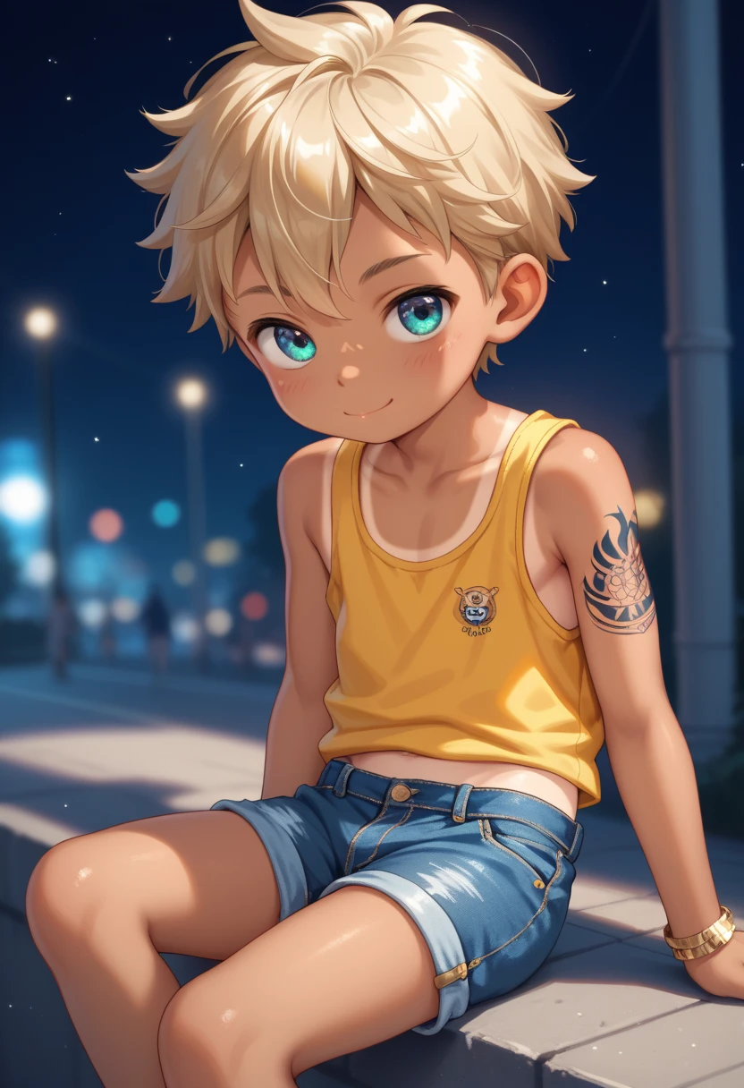 Little 4-yr boy, young, cute, young, little, short, thin, Age Regression, youthful, Shotacon, Shota, tan skin, tan line, tattoo, gold balayage hair, yellow tank top Jeans shorts, sitting, looking at the viewer, street at night background, dim light