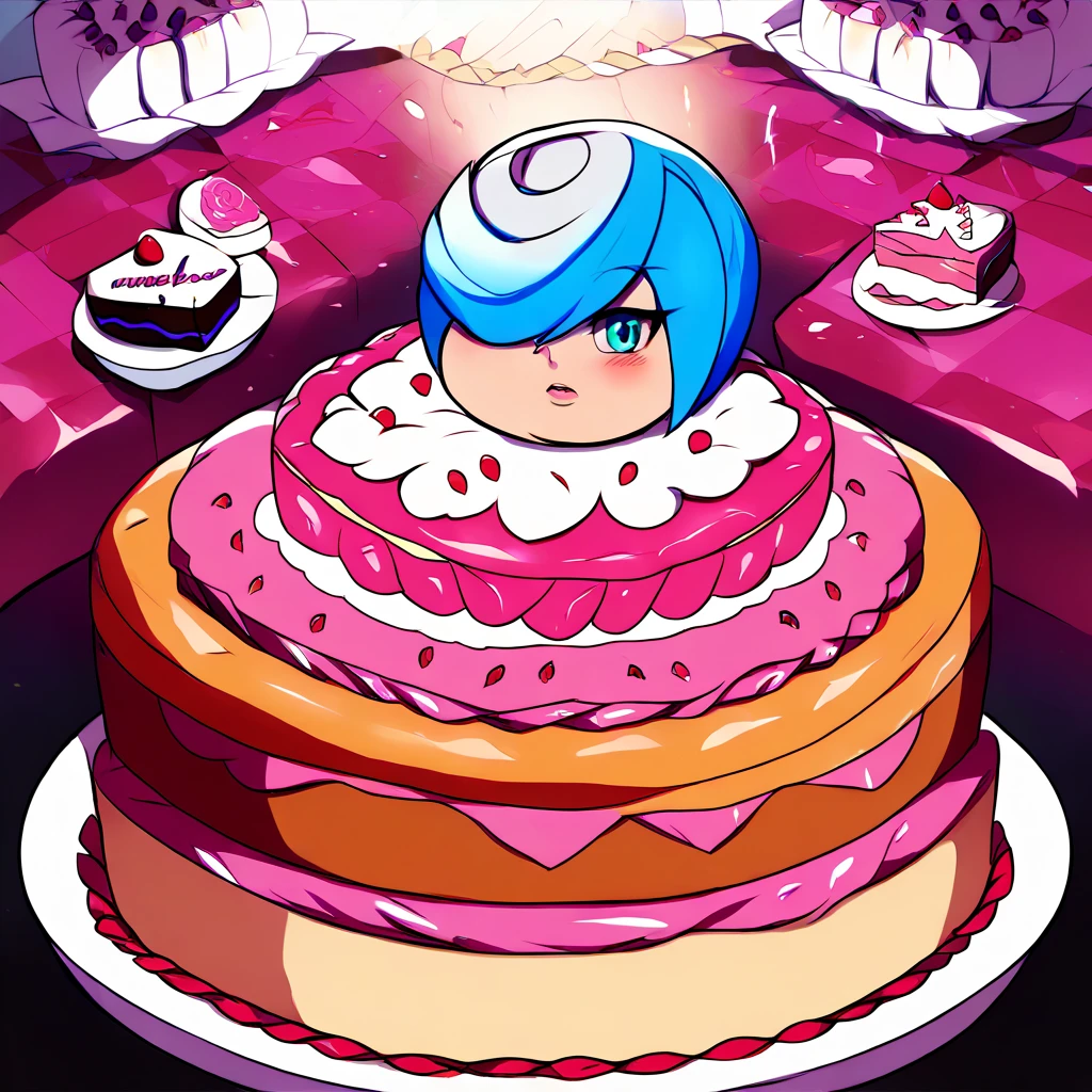 Living cake, score_9, score_8_up, score_7_up, source_anime, BREAK 1girl, solo, sage, short hair, hair over one eye, white hair, goodsage, blue eyes, blue hair, two-tone hair, fat, chubby, obese, gigantic arms and legs, blush, 